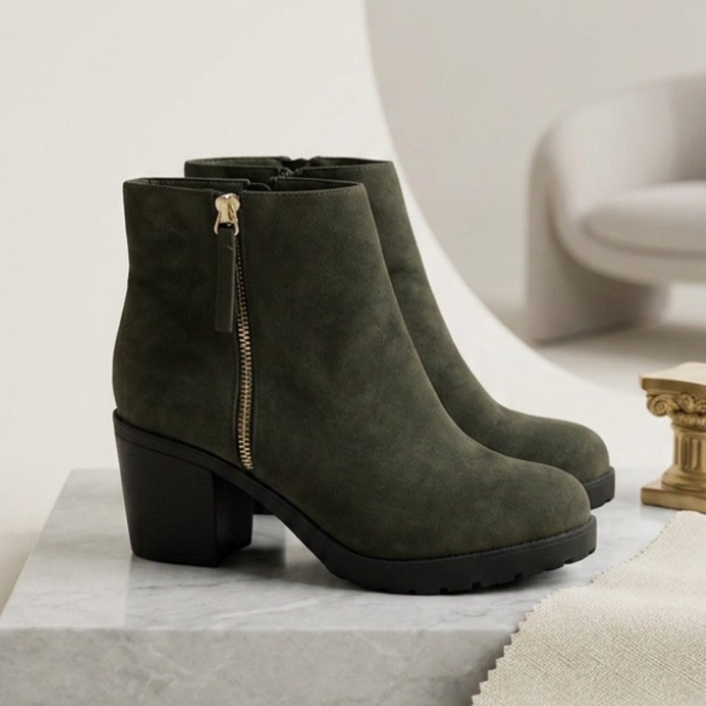RIVER ISLAND BOOTS size 9/39 DARK GREEN /GREY SUEDE BLOCK HEEL